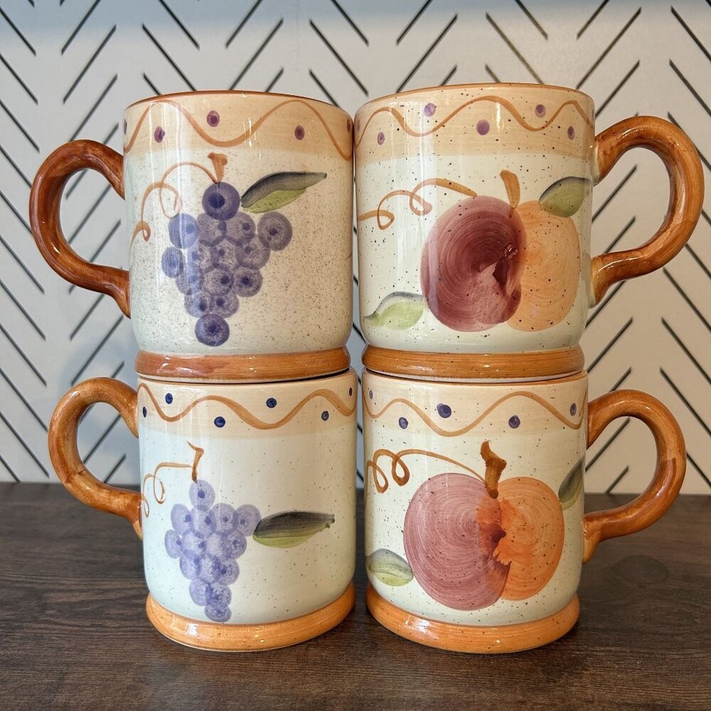 Set 4 Large Peach Grapes Painted Coffee Mugs Designpac Fruit Cottage 90s Kitchen